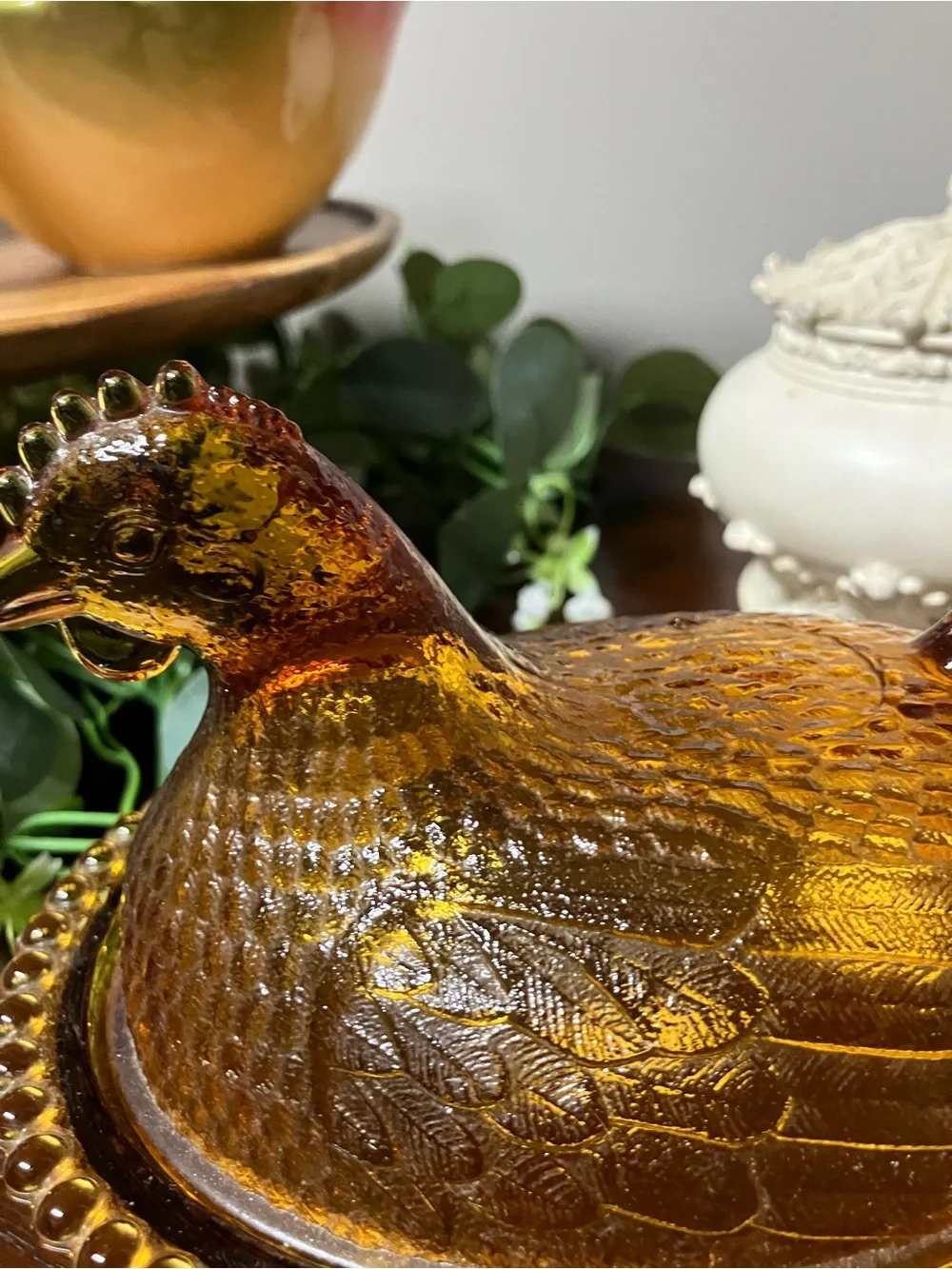 Vintage Amber Glass Hen Covered Dish
